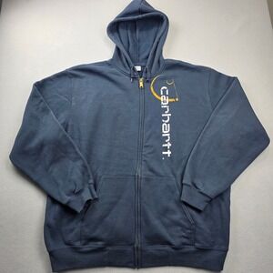 Carhartt Mens 2XL Navy Blue Full Zip Hoodie‎ Distressed Graphic Logo 100077 472